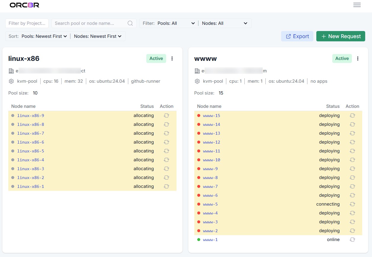 The pool form: OS, size, cataloged role packs, and a CI connector, with the project's remaining quota beside the size field